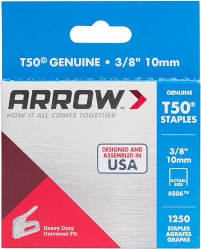 Arrow 506 Heavy Duty T50 3/8-Inch Leg Length, 3/8-Inch Crown, Staples for Upholstery, Construction, Furniture, Crafts, 1250-Pack