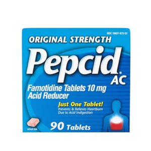 pepcid ac original strength heartburn relief tablets, prevents & relieves heartburn due to acid indigestion & sour stomach, 10 mg famotidine to reduce & control acid, fast-acting, 90 ct