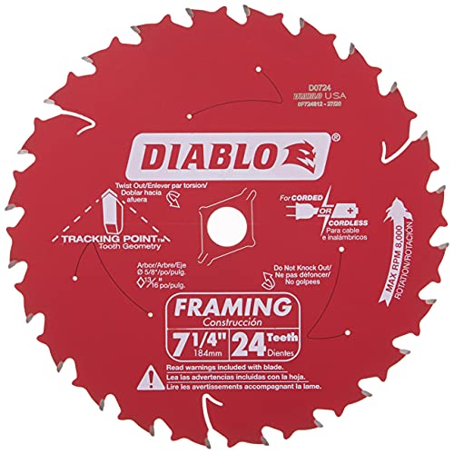 Diablo D0724A 7-1/4in 24T ATB Framing Saw Blade 5/8in & Diamond Knockout Arbor