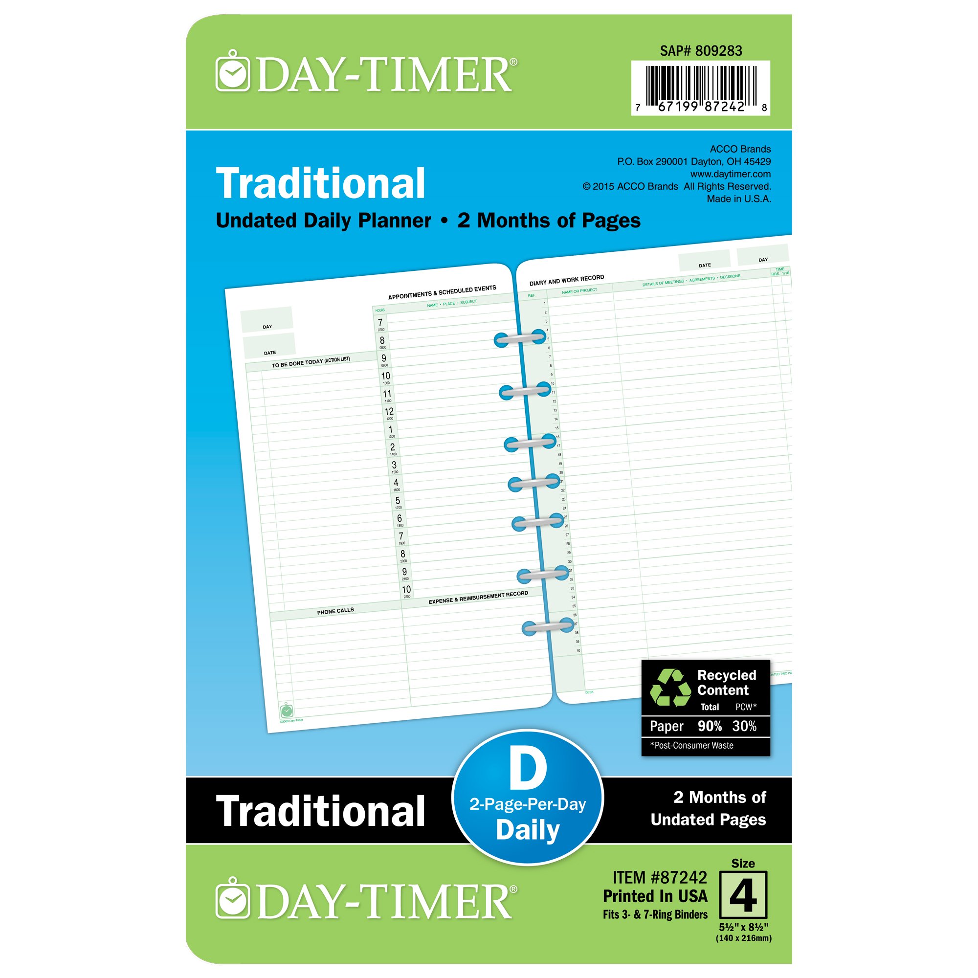 2020 Day-Timer Two Page Per Day Refill, 2 Months, Undated, Loose-Leaf, Desk Size, 5.5 x 8.5 Inches (87242)