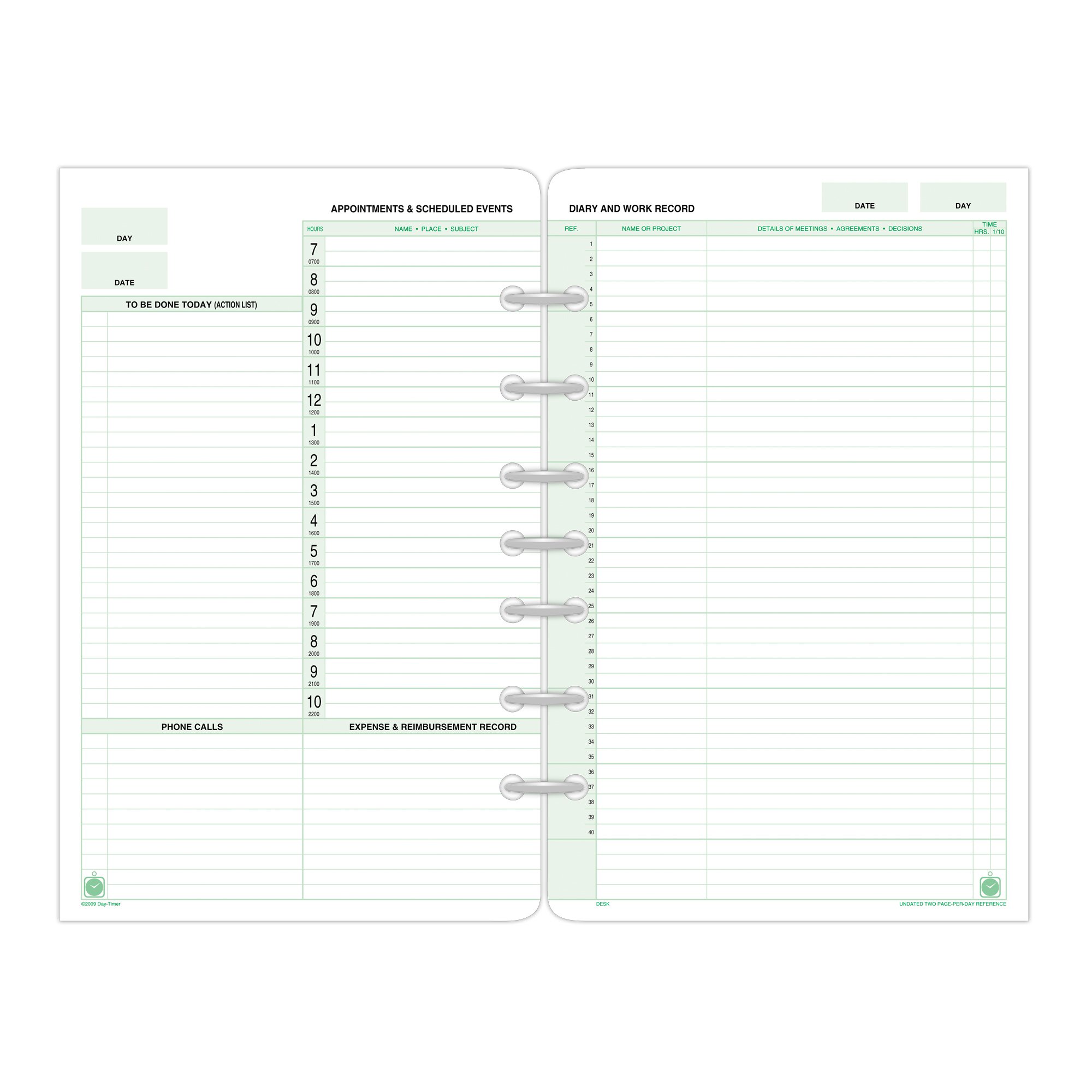 2020 Day-Timer Two Page Per Day Refill, 2 Months, Undated, Loose-Leaf, Desk Size, 5.5 x 8.5 Inches (87242)