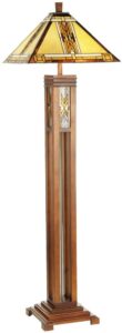 robert louis tiffany mission rustic tiffany style floor lamp with night light 62.5" tall walnut wood column square geometric stained glass shade decor for living room reading house bedroom