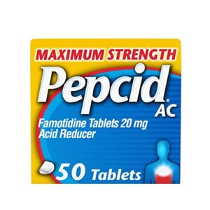 pepcid ac maximum strength heartburn relief tablets, prevents & relieves heartburn due to acid indigestion & sour stomach, 20mg of famotidine to reduce & control acid, fast-acting, 50 ct