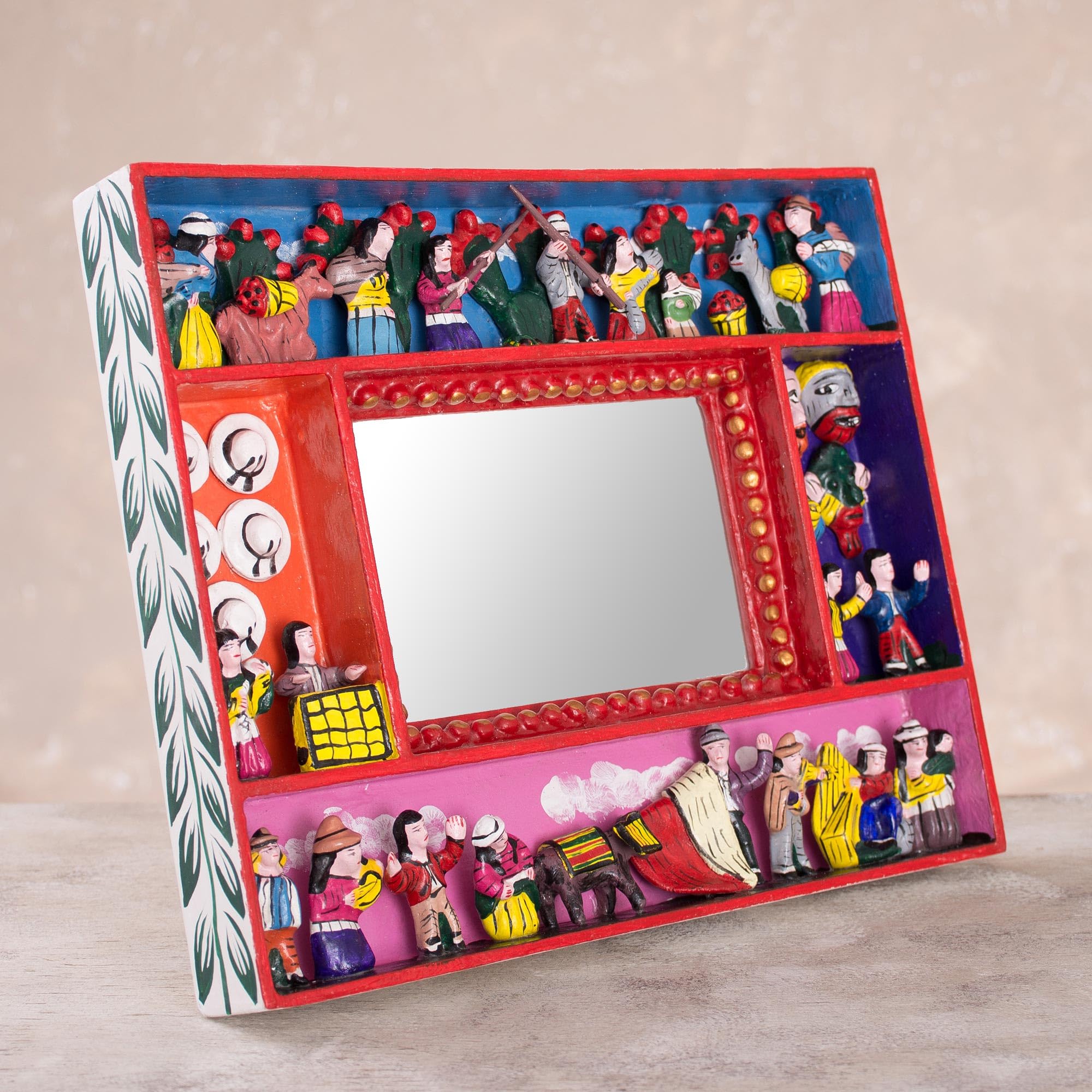 NOVICA Artisan Handmade Photo Frame Collectible Folk Art Wood Retablo Red Woodceramic Peru Decor Accessories Frames Retablos 'Tuna Harvest' (4x6)