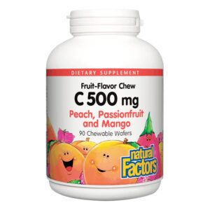 natural factors, kids chewable vitamin c 500 mg, supports immune health, bones, teeth and gums, peach, passionfruit and mango, 90 wafers