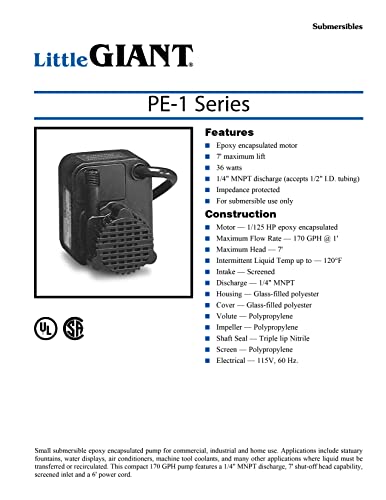 Little Giant PE-1 115 Volt, 1/125 HP, 170 GPH Epoxy Encapsulated Small Submersible Direct Drive Pump with 6 Ft. Cord, Black, 518200