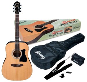 ibanez 6 string acoustic guitar pack, ambidextrous, natural gloss (ijv50)