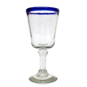 novica hand blown clear cobalt blue rim recycled glass wine glasses, 8 oz 'chardonnay' (set of 6)