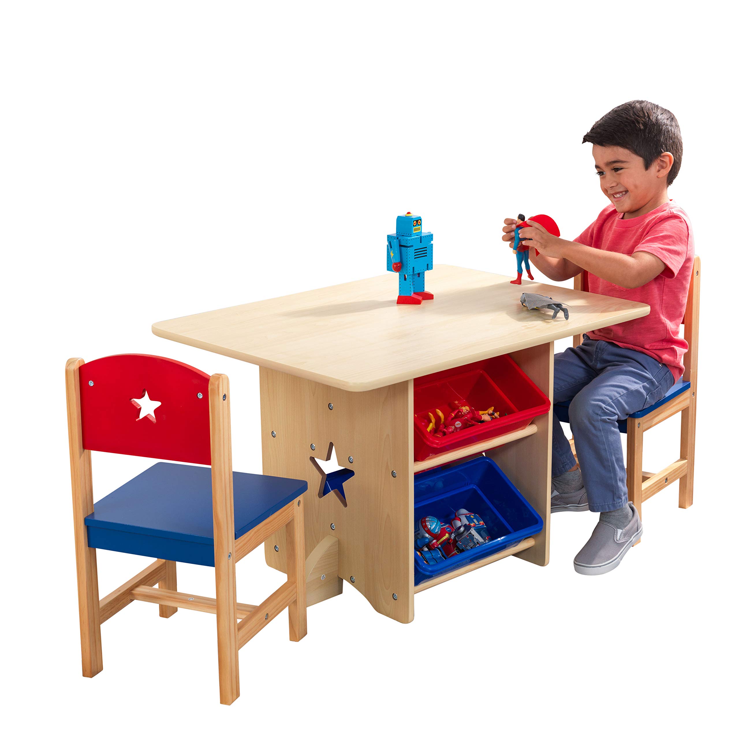 KidKraft Wooden Star Table & Chair Set with 4 Storage Bins, Children's Furniture – Red, Blue & Natural