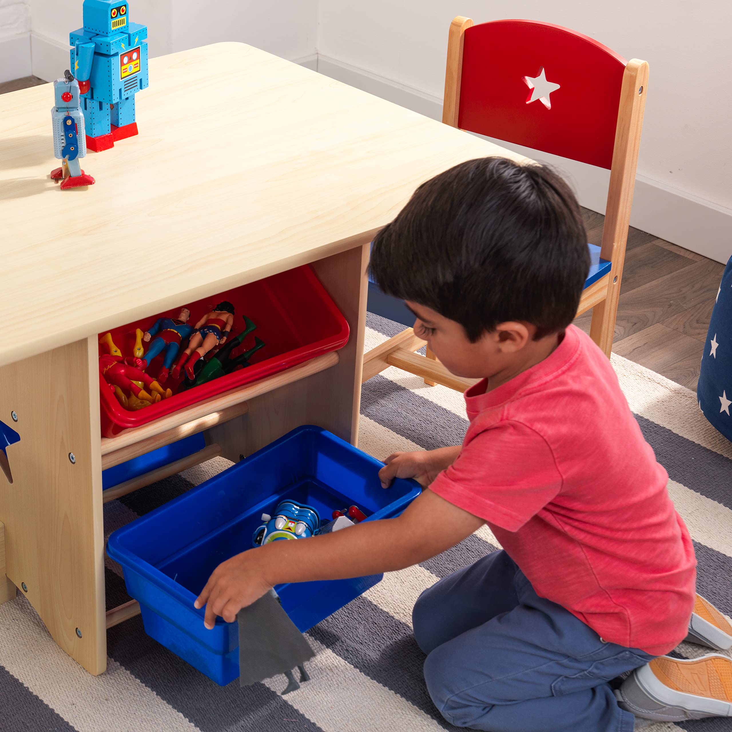 KidKraft Wooden Star Table & Chair Set with 4 Storage Bins, Children's Furniture – Red, Blue & Natural