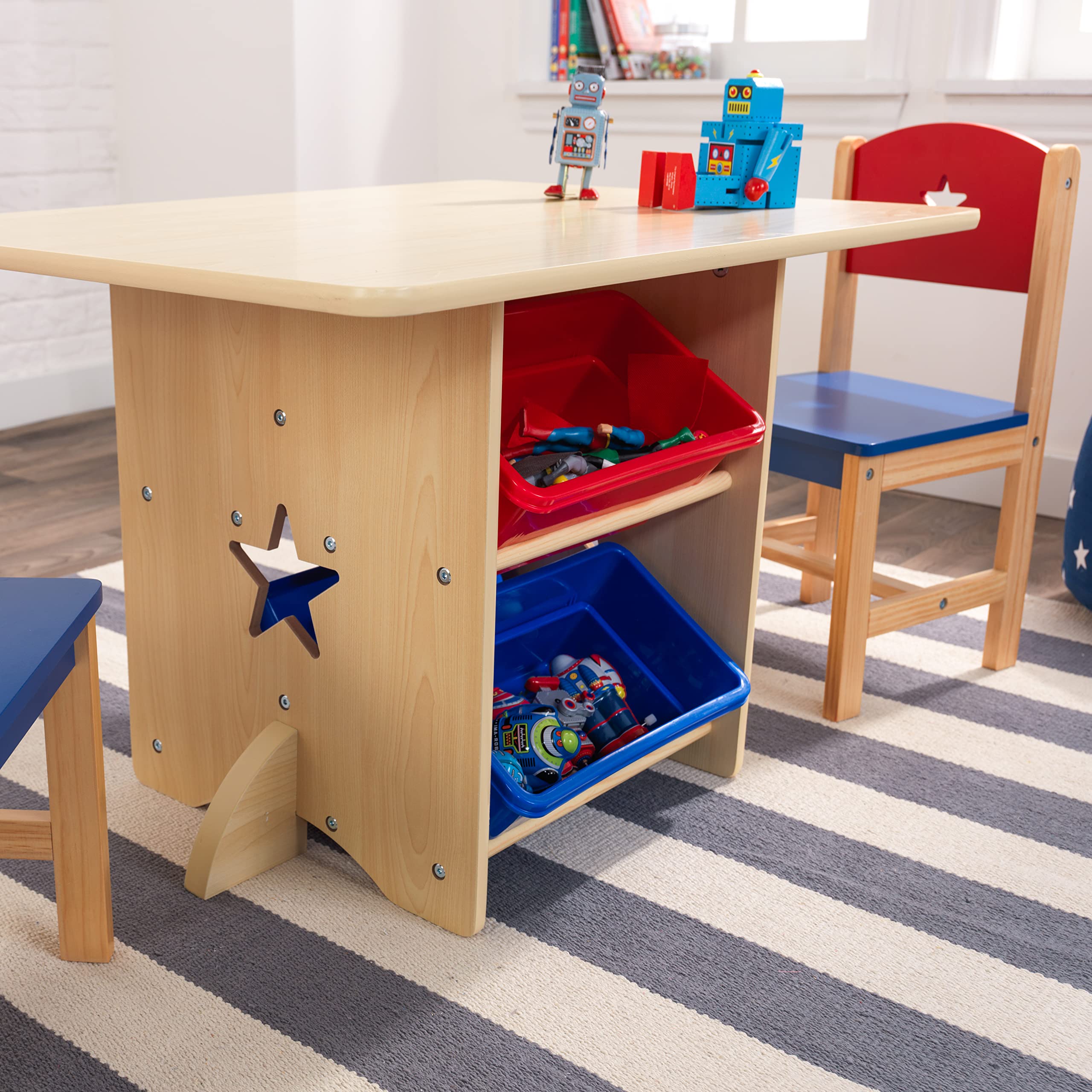 KidKraft Wooden Star Table & Chair Set with 4 Storage Bins, Children's Furniture – Red, Blue & Natural
