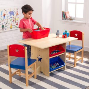 KidKraft Wooden Star Table & Chair Set with 4 Storage Bins, Children's Furniture – Red, Blue & Natural