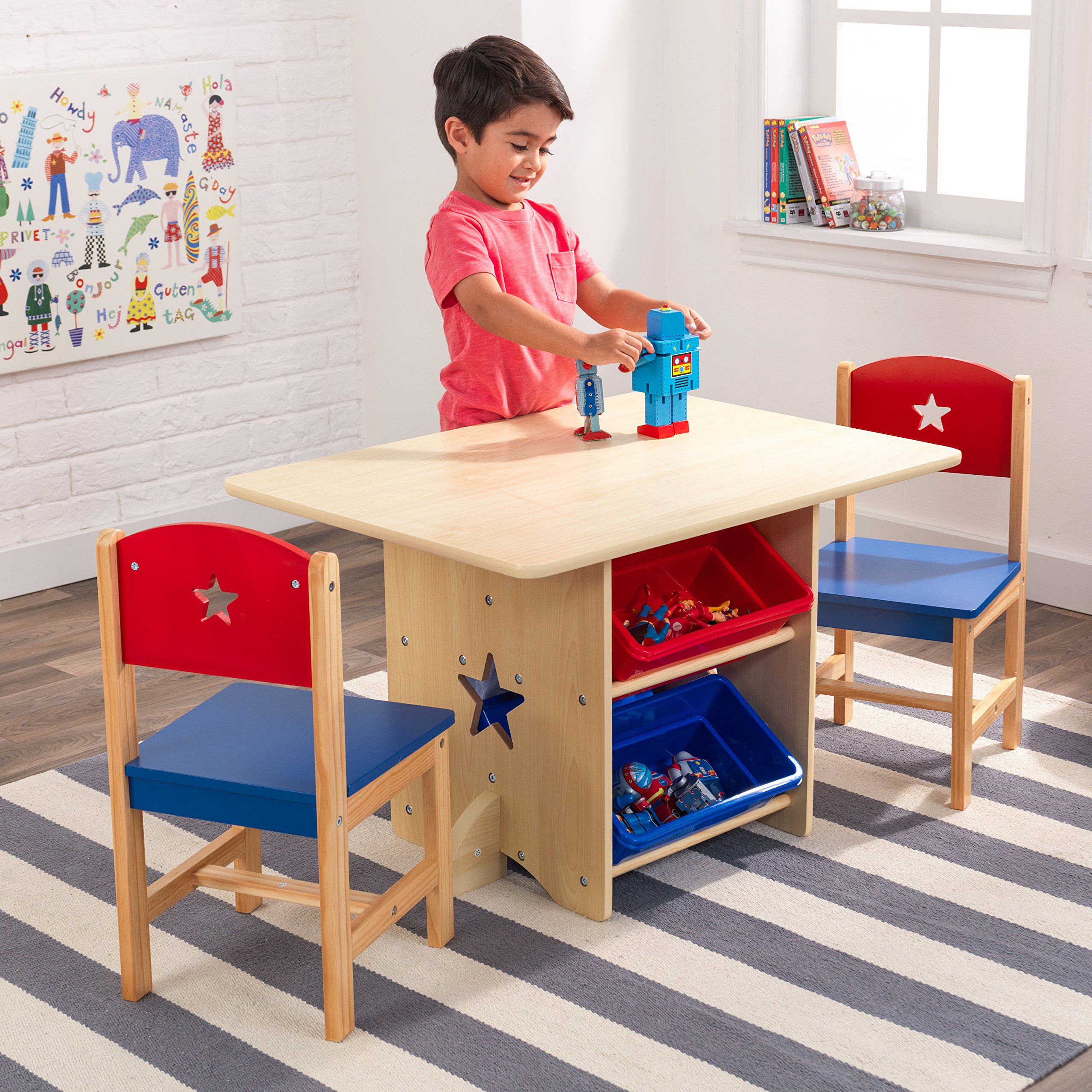 KidKraft Wooden Star Table & Chair Set with 4 Storage Bins, Children's Furniture – Red, Blue & Natural