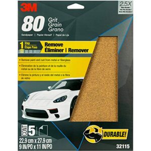 3m sandpaper, 80 grit, 5 sheets, 9 in x 11 in, longer lasting super strong abrasive, great for smoothing body filler, shaping glaze & spot putty, for hand or machine sanding (32115)
