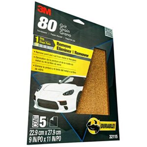 3M Sandpaper, 80 Grit, 5 Sheets, 9 in x 11 in, Longer Lasting Super Strong Abrasive, Great For Smoothing Body Filler, Shaping Glaze & Spot Putty, For Hand Or Machine Sanding (32115)
