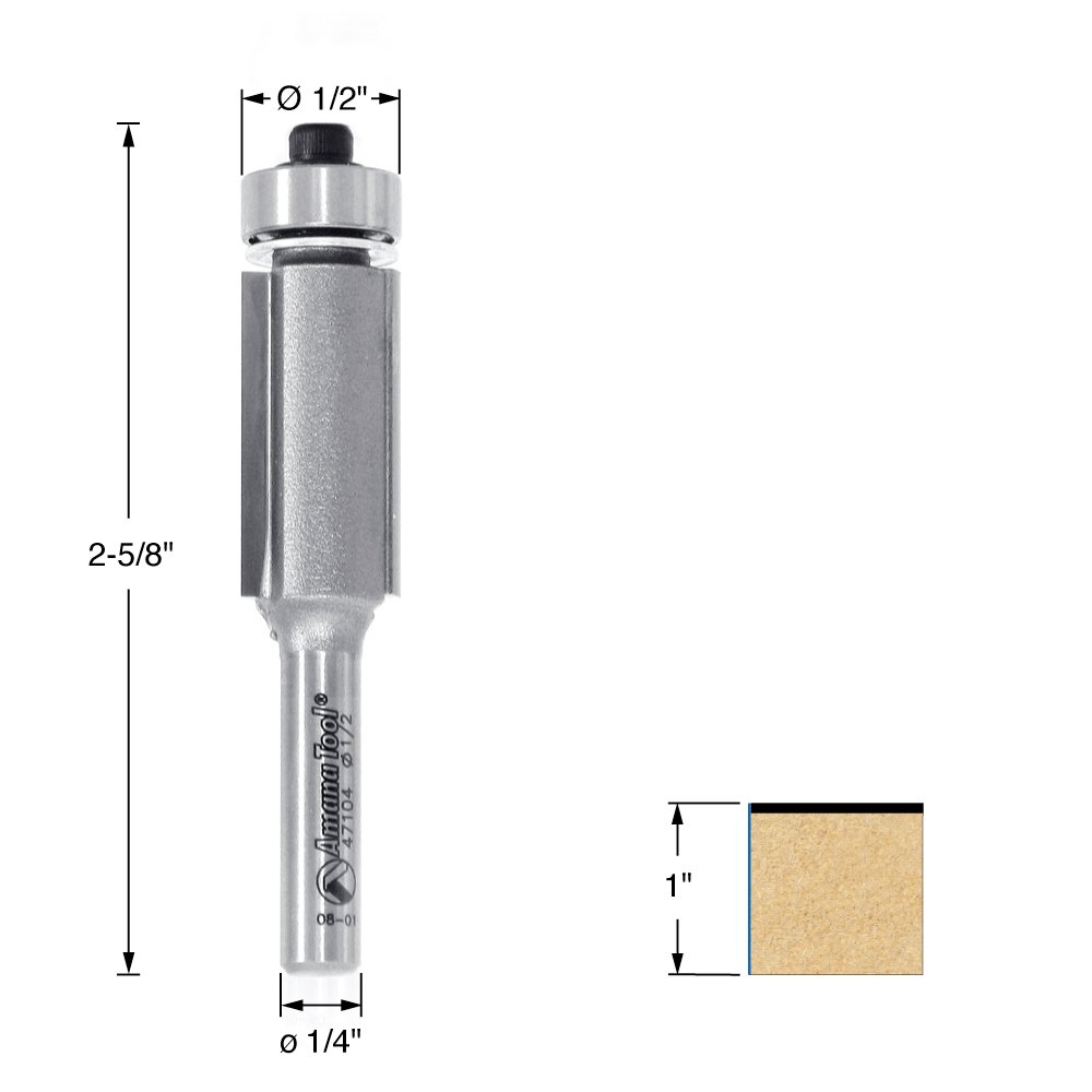 Amana Tool 47104 Flush Trim 1/2-Inch Diameter by 1-Inch Cutting Height by 1/4-Inch Shank 2-Flute Router Bit