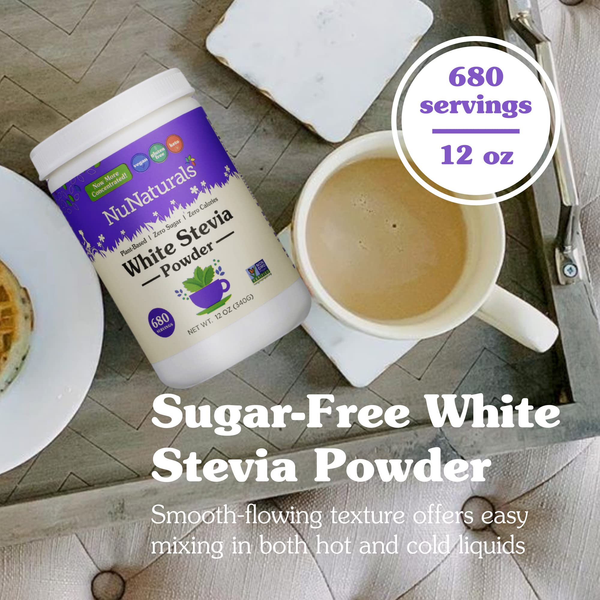 NuNaturals White Stevia Powder, Plant-Based Sugar Substitute, Zero Calorie Sweetener, 12 oz