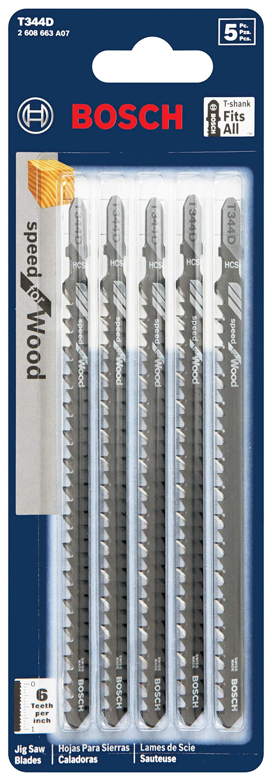 BOSCH T344D 5-Piece 6 In. 6 TPI Speed for Wood T-Shank Jig Saw Blades,Black