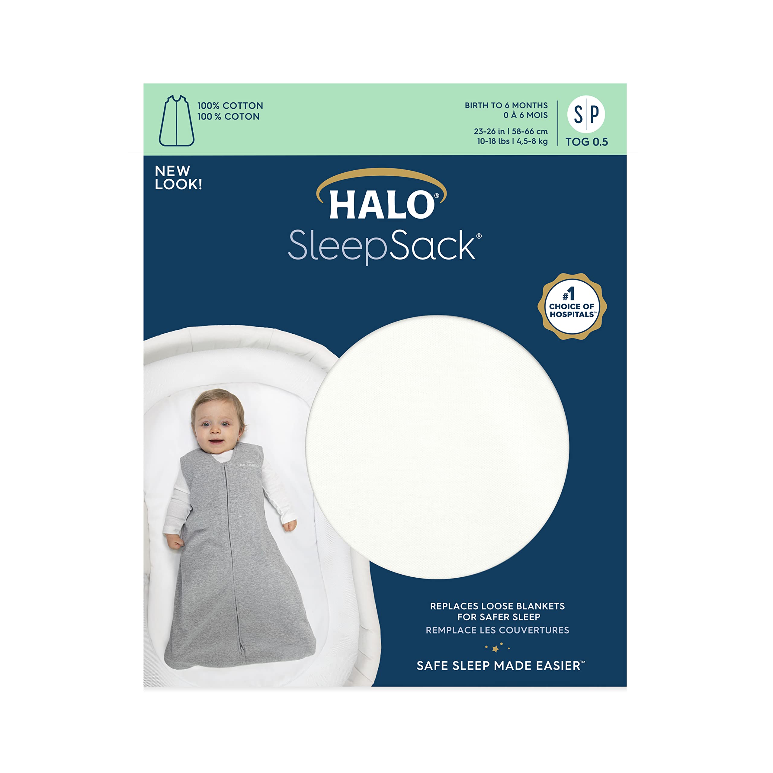 HALO SleepSack, 100% Cotton Wearable Blanket, Swaddle Transition Sleeping Bag, TOG 0.5, Cream, Small, 0-6 Months