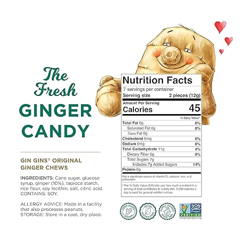 GIN GINS Original Ginger Chews by The Ginger People – Anti-Nausea and Digestion Aid, Individually Wrapped Healthy Candy – Original Flavor, 3 Oz Bag (Pack of 1)