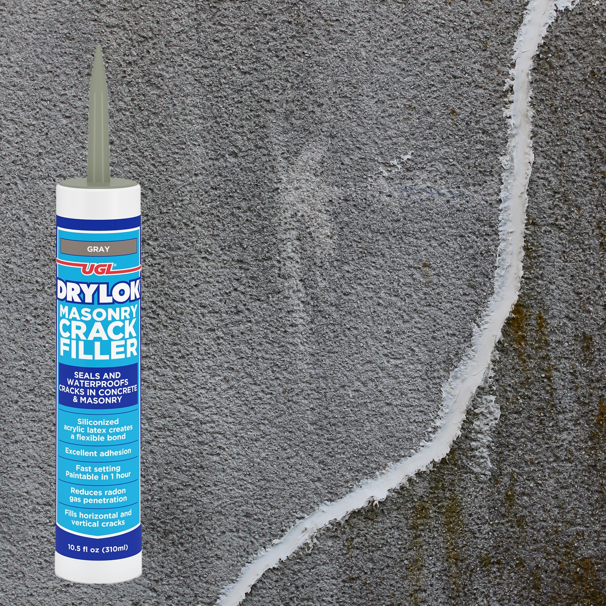 UGL - Drylok - Gray - Masonry Crack Filler Silicone Caulk - Seals and Waterproofs Cracks - Concrete & Masonry Adhesion - Indoor - Outdoor Latex Base - Sandy Texture, Paintable 10.5 fl. oz