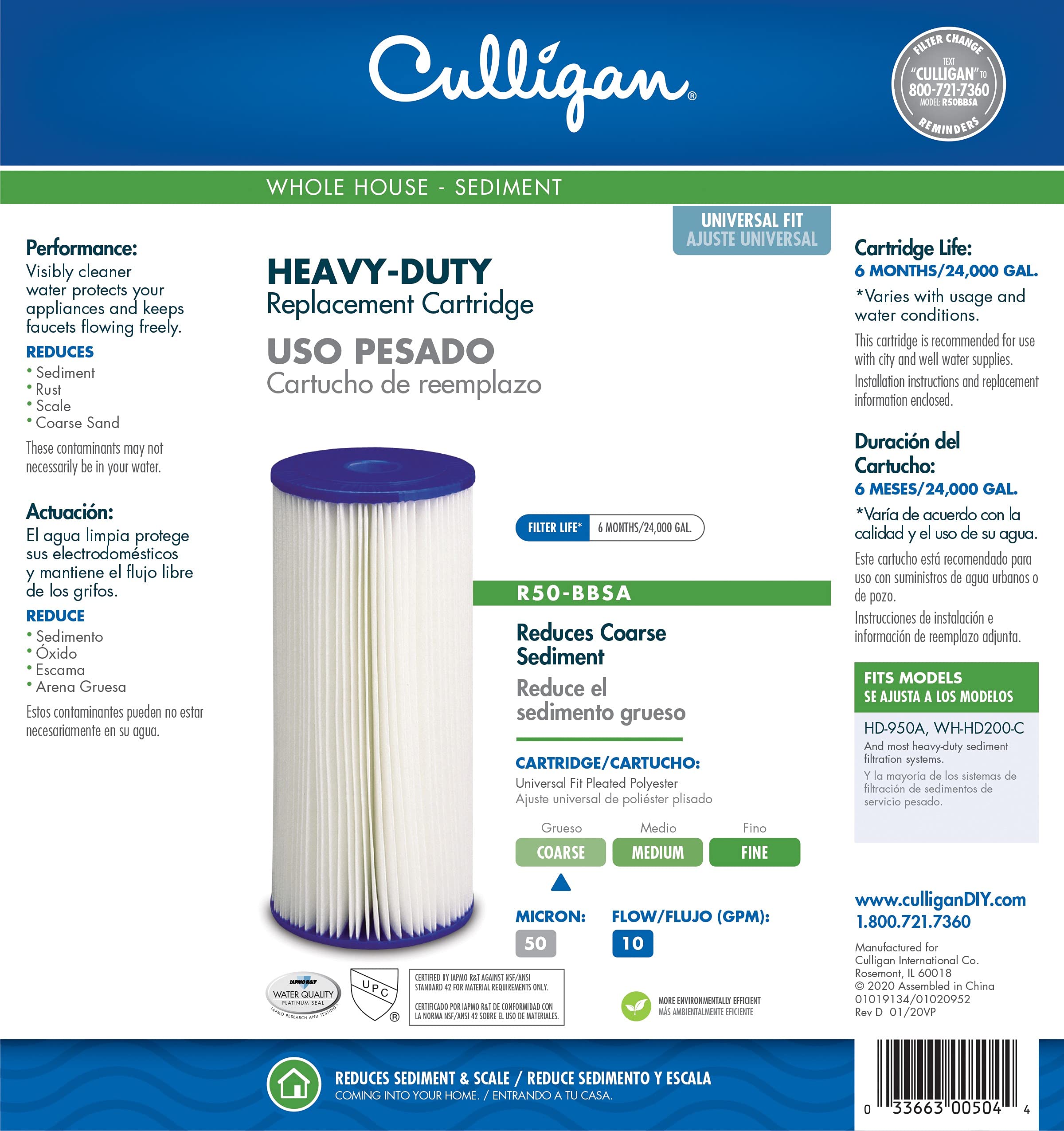 Culligan R50-BBSA Whole House Heavy Duty Water Filter Cartridge, 24,000 Gallons