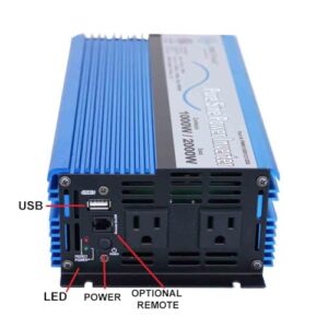 AIMS Power 1000 Watt, 2000 Watt Peak, Pure Sine DC to AC Power Inverter, USB Port, 2 Year Warranty, Optional Remote, Listed to UL 458