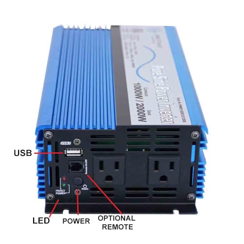 AIMS Power 1000 Watt, 2000 Watt Peak, Pure Sine DC to AC Power Inverter, USB Port, 2 Year Warranty, Optional Remote, Listed to UL 458