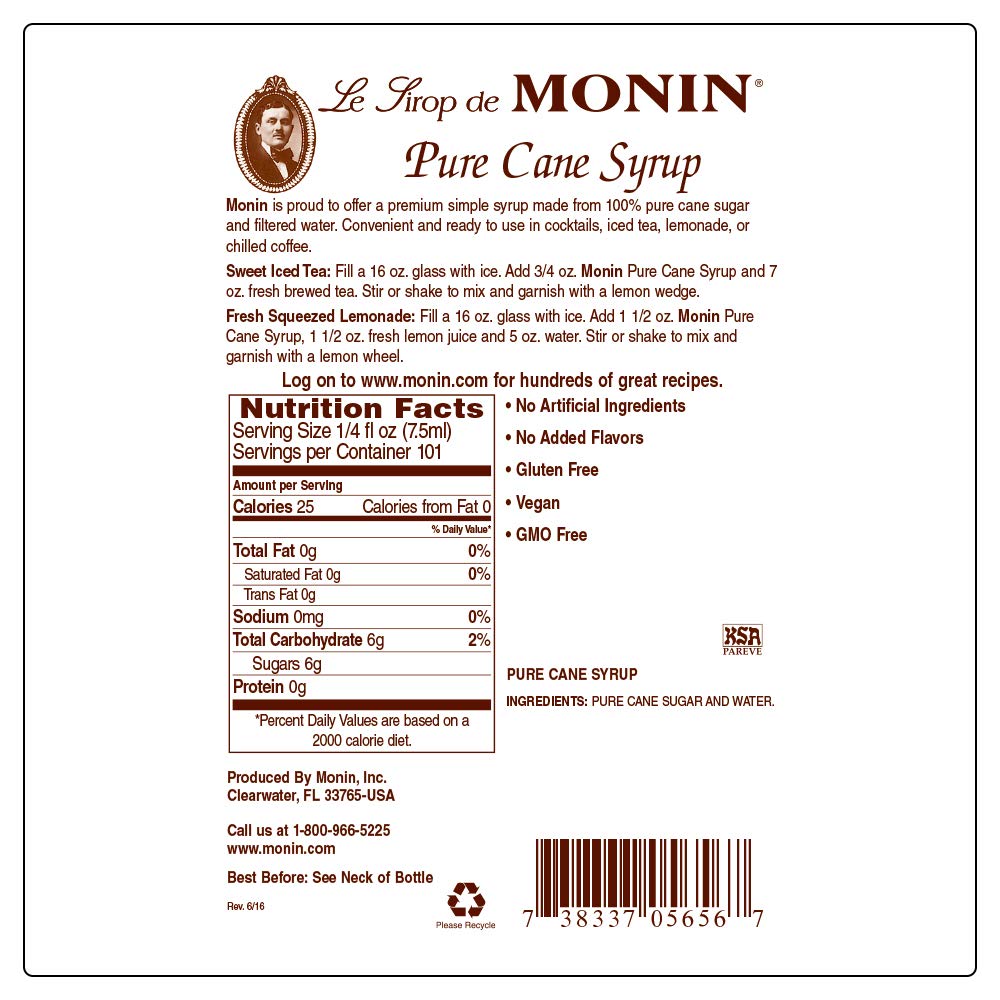 Monin - Pure Cane Syrup, Pure and Sweet, Great for Coffee, Tea, and Specialty Cocktails, Gluten-Free, Non-GMO (750 ml)