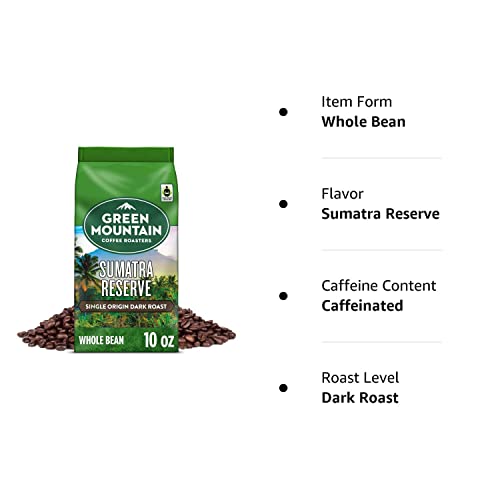 Green Mountain Coffee Roasters, Fair Trade Certified™ Organic, Sumatra Reserve, Whole Bean Coffee, Dark Roast, Bagged 10oz.