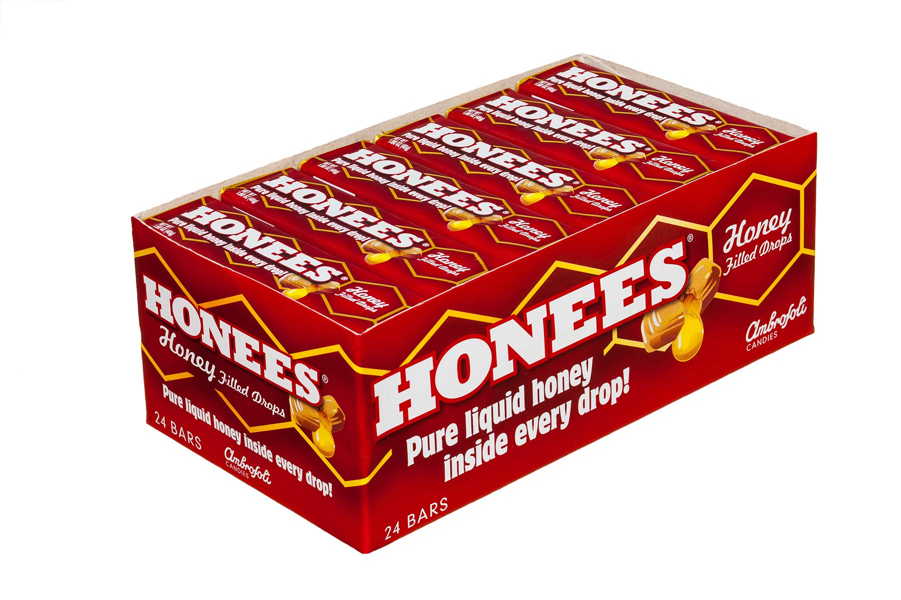 Honees Honey Filled Cough Drops - 1.6oz Bar, Pack of 24 Menthol-Free Lozenges | Temporary Relief from Cough | Soothes Sore Throat | All Natural