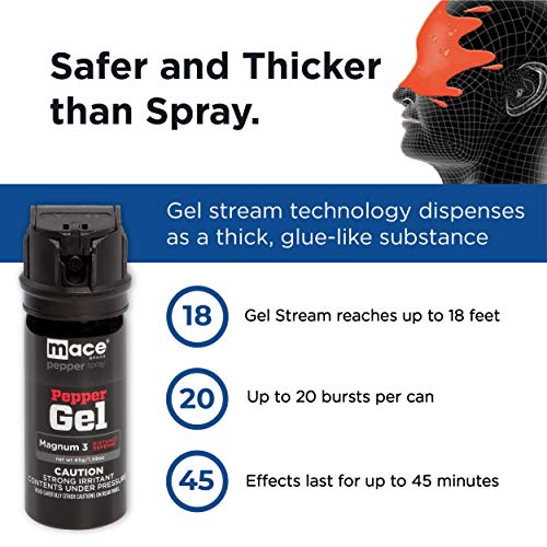 Mace Brand Magnum 3 Pepper Gel (45g) – Accurate 18’ Maximum Strength Pepper Gel, Flip Top Safety Cap, Wind-Safe Thick Gel Stream Technology and UV Dye – Great for Self-Defense