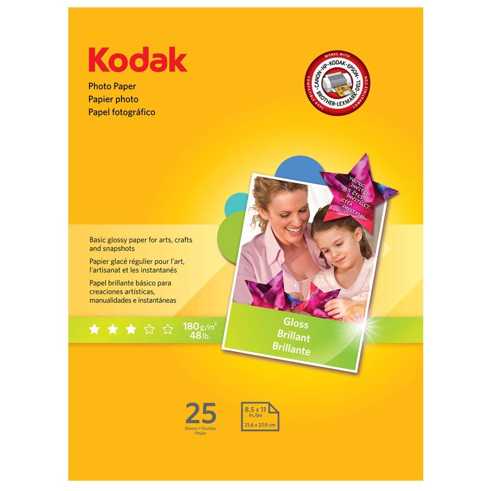 KODAK Photo Paper Gloss 8.5"x11", 25 count, 48lb-180g/m2 weight, 6.5 mil thickness (41161 - 1912369),White