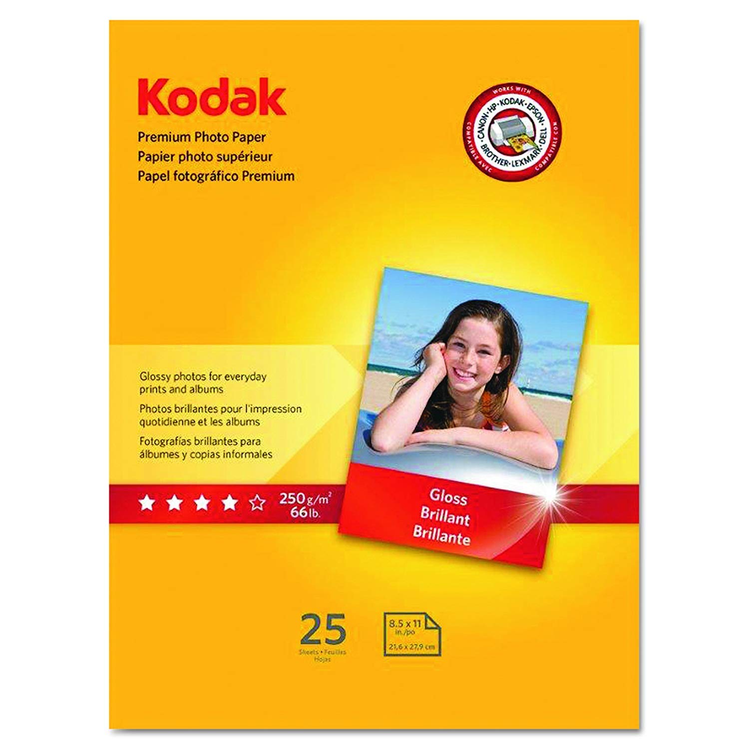 Kodak Premium Photo Paper for inkjet printers, Gloss Finish, 8.5 mil thickness, 25 Sheets, 8.5” x 11” (8689283)