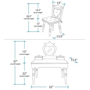 Wildkin Kids Princess Wooden Vanity and Chair Set for Girls, Vanity Features Mirror and Attached Jewelry Box and Music Box, Includes Matching Chair with Removable Backrest and Seat Cushion (Pink)