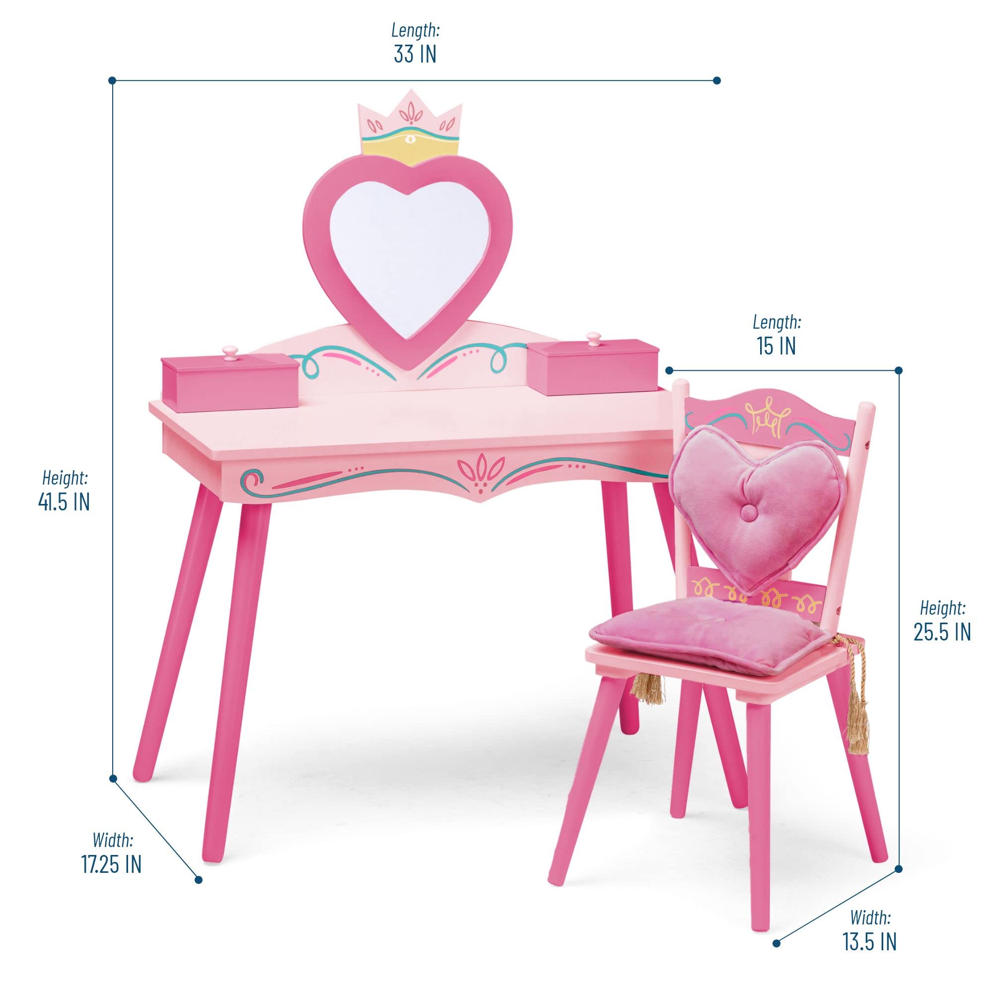 Wildkin Kids Princess Wooden Vanity and Chair Set for Girls, Vanity Features Mirror and Attached Jewelry Box and Music Box, Includes Matching Chair with Removable Backrest and Seat Cushion (Pink)
