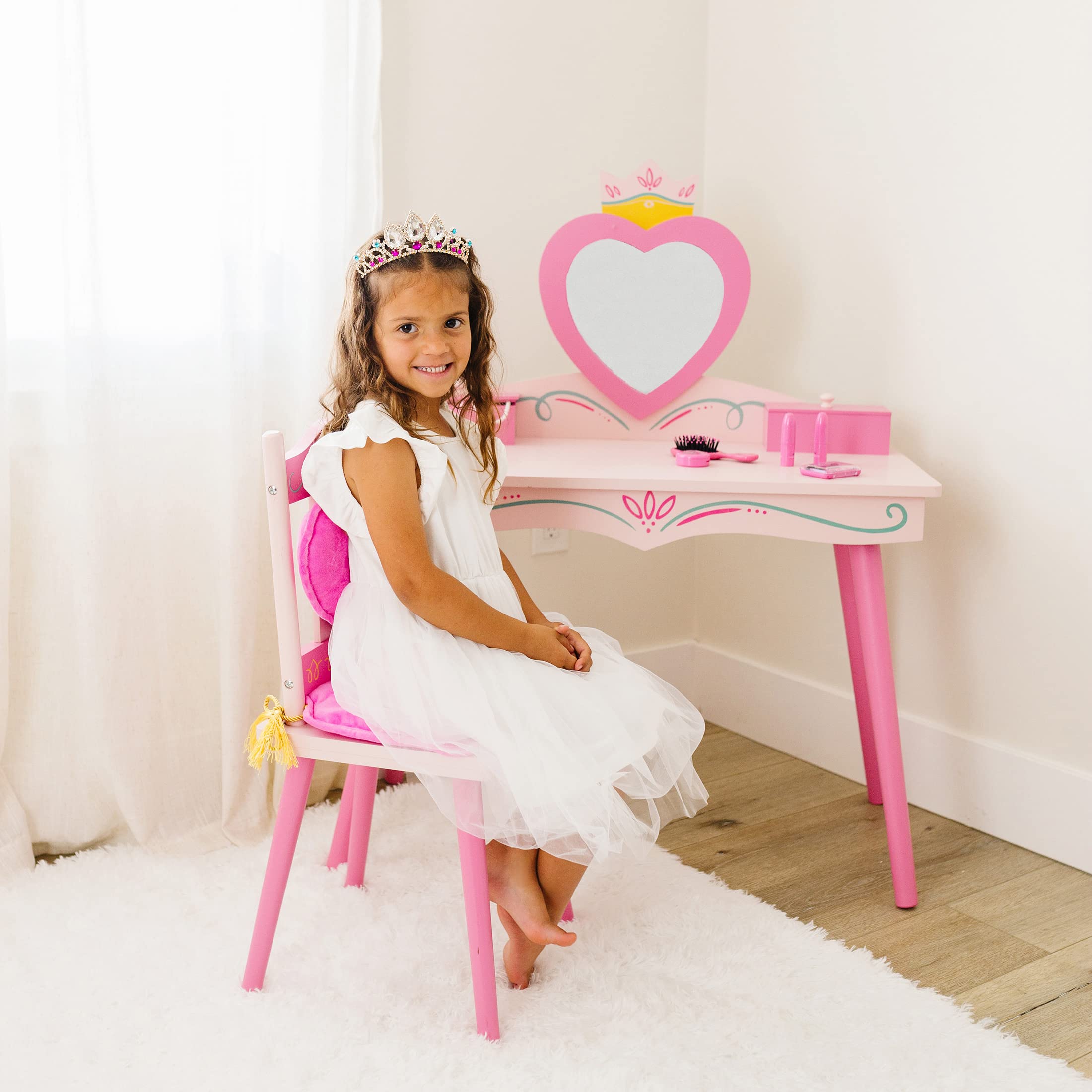 Wildkin Kids Princess Wooden Vanity and Chair Set for Girls, Vanity Features Mirror and Attached Jewelry Box and Music Box, Includes Matching Chair with Removable Backrest and Seat Cushion (Pink)