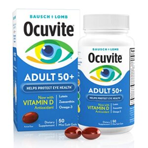 ocuvite eye vitamin & mineral supplement, contains zinc, vitamins c, e, omega 3, lutein, & zeaxanthin, bausch & lomb ocuvite adult 50+ eye vitamin & mineral softgels, 50 count (packaging may vary)