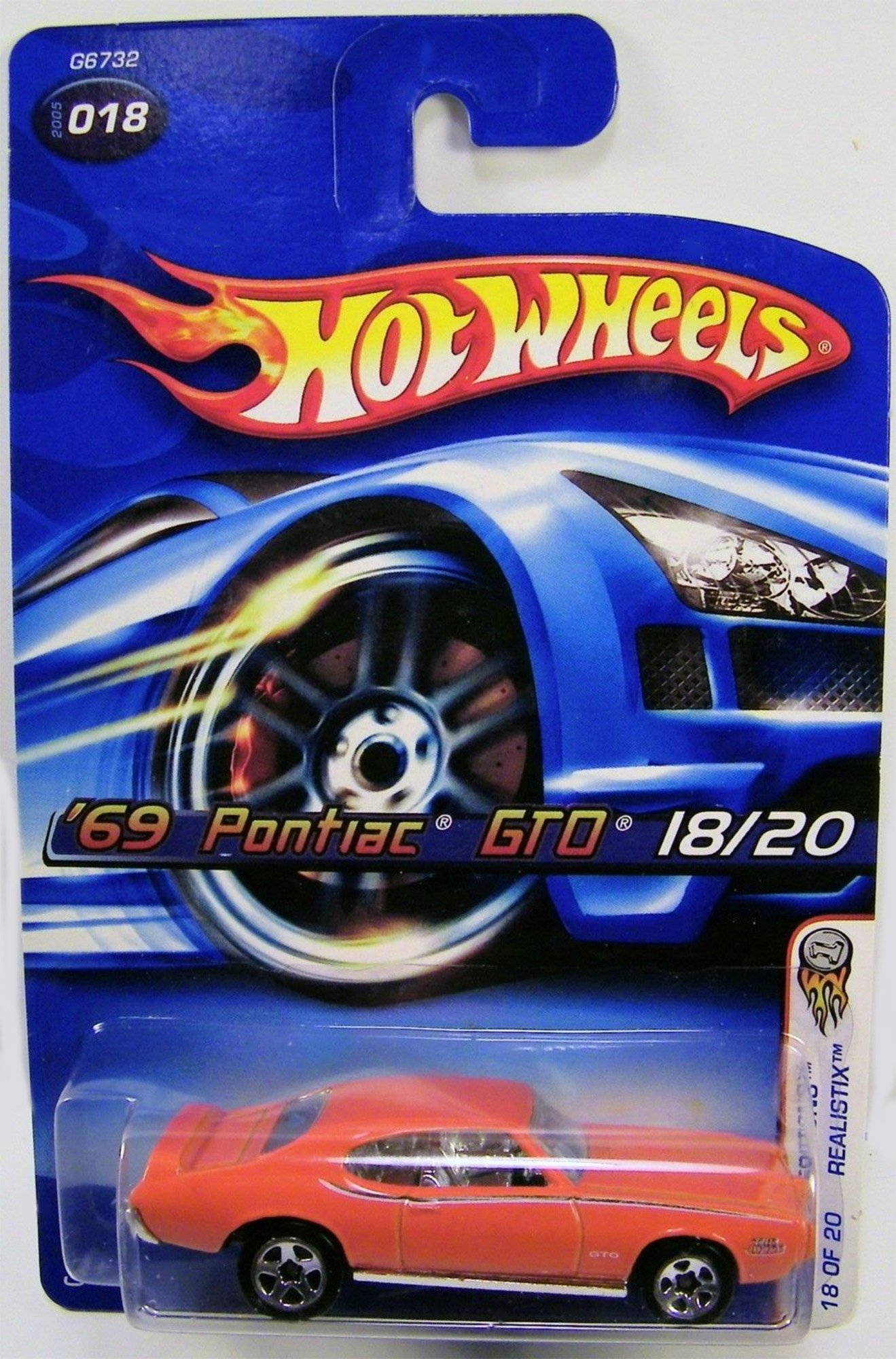 Hot Wheels '69 Pontiac GTO 2005 1:64 Scale Orange 1969 Pontiac GTO 18/20 Die Cast Car #018