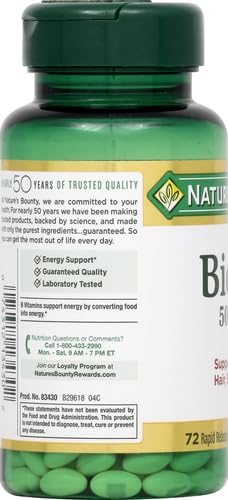 Nature's Bounty Biotin, Vitamin Supplement, Supports Metabolism for Energy and Healthy Hair, Skin, and Nails, 5000 mcg, 72 Softgels