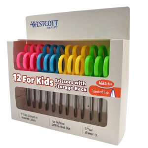 westcott right- & left-handed scissors for kids, 5’’ pointed safety scissors, assorted, 12 pack (13141)
