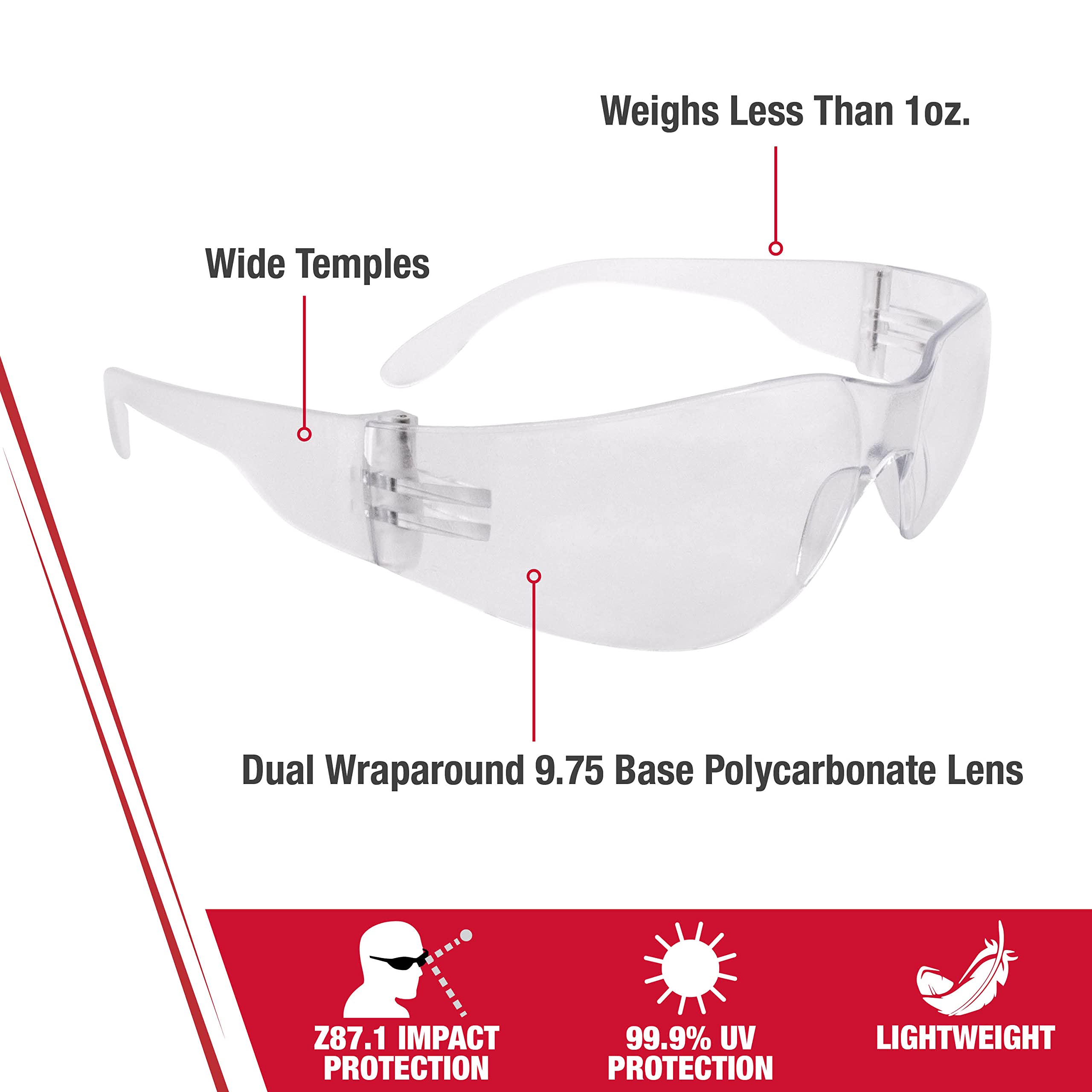 Radians Clear Safety Glasses, Scratch-Resistant, Wraparound, One Size