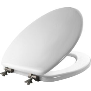 mayfair 1844bna 000 toilet seat with brushed nickel hinges will never come loose, elongate, white - brushed nickel
