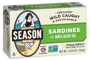 season sardines in olive oil – wild caught, 22g of protein, keto snacks, more omega 3's than tuna, kosher, high in calcium, canned sardines – 4.37 oz tins, 12-pack