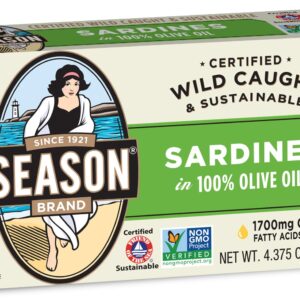 Season Sardines in Olive Oil – Wild Caught, 22g of Protein, Keto Snacks, More Omega 3's Than Tuna, Kosher, High in Calcium, Canned Sardines – 4.37 Oz Tins, 12-Pack