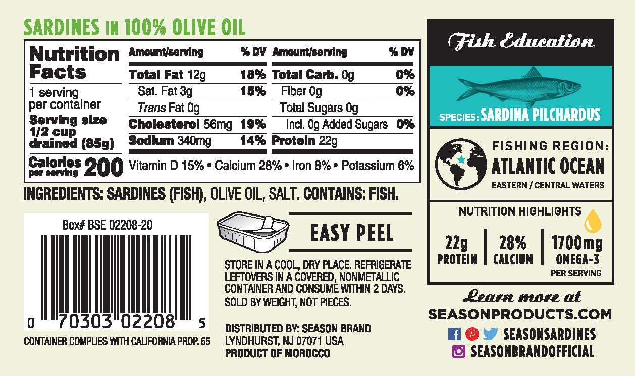 Season Sardines in Olive Oil – Wild Caught, 22g of Protein, Keto Snacks, More Omega 3's Than Tuna, Kosher, High in Calcium, Canned Sardines – 4.37 Oz Tins, 12-Pack