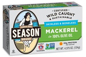 season mackerel in olive oil – skinless & boneless, wild caught, keto snacks, canned mackerel fillets, full of vitamins, low in mercury, kosher, non-gmo, 20g of protein – 4.37 oz, 12-pack