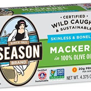 Season Mackerel in Olive Oil – Skinless & Boneless, Wild Caught, Keto Snacks, Canned Mackerel Fillets, Full of Vitamins, Low in Mercury, Kosher, Non-GMO, 20g of Protein – 4.37 Oz, 12-Pack