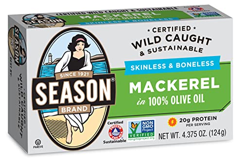 Season Mackerel in Olive Oil – Skinless & Boneless, Wild Caught, Keto Snacks, Canned Mackerel Fillets, Full of Vitamins, Low in Mercury, Kosher, Non-GMO, 20g of Protein – 4.37 Oz, 12-Pack