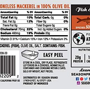 Season Mackerel in Olive Oil – Skinless & Boneless, Wild Caught, Keto Snacks, Canned Mackerel Fillets, Full of Vitamins, Low in Mercury, Kosher, Non-GMO, 20g of Protein – 4.37 Oz, 12-Pack